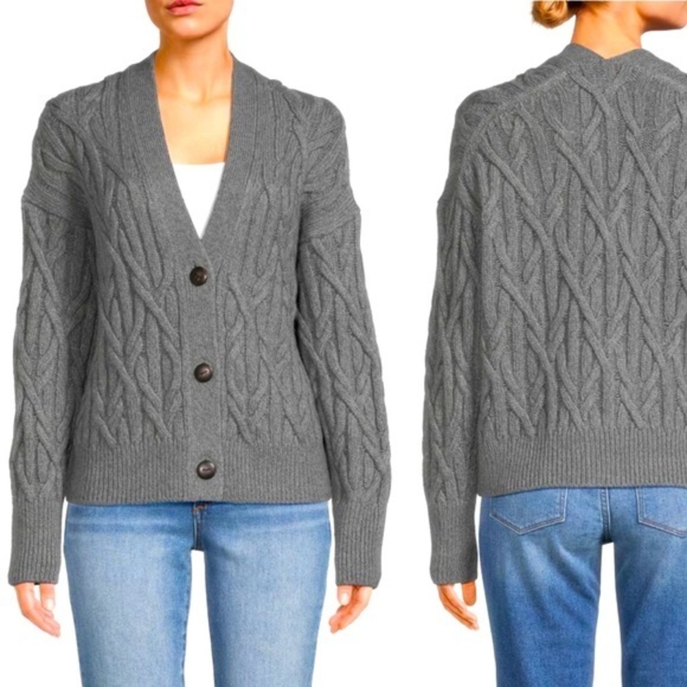 NEW Vince Chunky Cable Wool- Cashmere Blend Knit Cardigan, Grey, size L